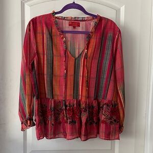 Anthropologie Multicolor Plaid Blouse with Floral Beaded Detail Size LP